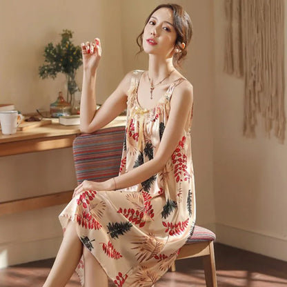 Large Size Lady Sexy Silk Nightgowns Women Casual Chemise Nightie Nightwear Lingerie Nightdress Sleepwear Dress Summer Clothes