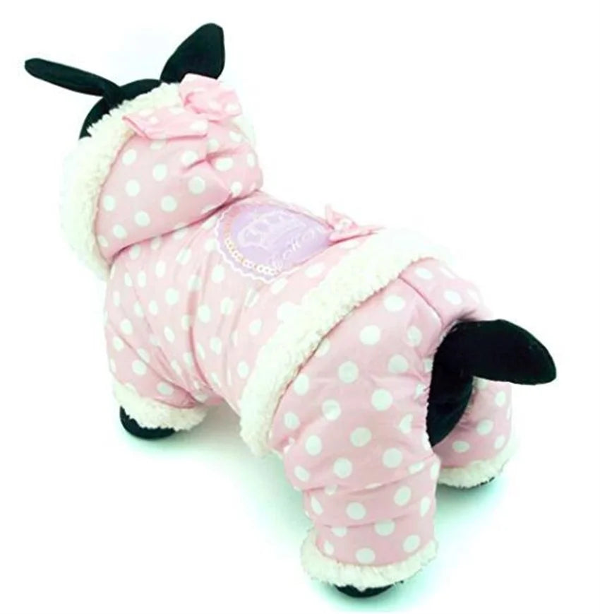 Small Dog Snowsuit Polka Dot Pattern Fleece Winter Coat For Girls Dogs Jumpsuit Hooded Waterproof Outdoor Cotton Padded Dog Coat - AMULET RING STORE