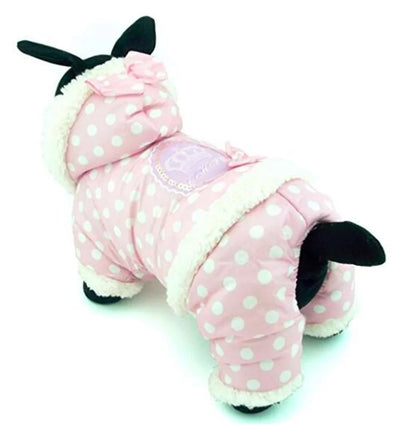 Small Dog Snowsuit Polka Dot Pattern Fleece Winter Coat For Girls Dogs Jumpsuit Hooded Waterproof Outdoor Cotton Padded Dog Coat - AMULET RING STORE