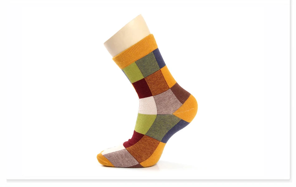 5 Pairs Combed Cotton Men's Socks Compression Socks Fashion Colorful Square Stripe Happy Dress Socks Men Size 39-45 - AMULET RING STORE