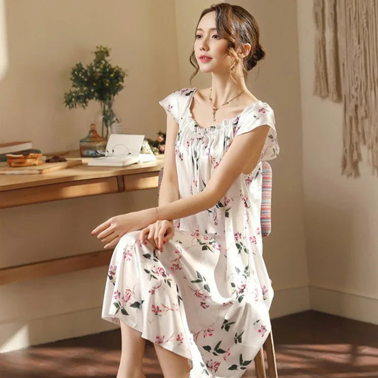 Large Size Lady Sexy Silk Nightgowns Women Casual Chemise Nightie Nightwear Lingerie Nightdress Sleepwear Dress Summer Clothes