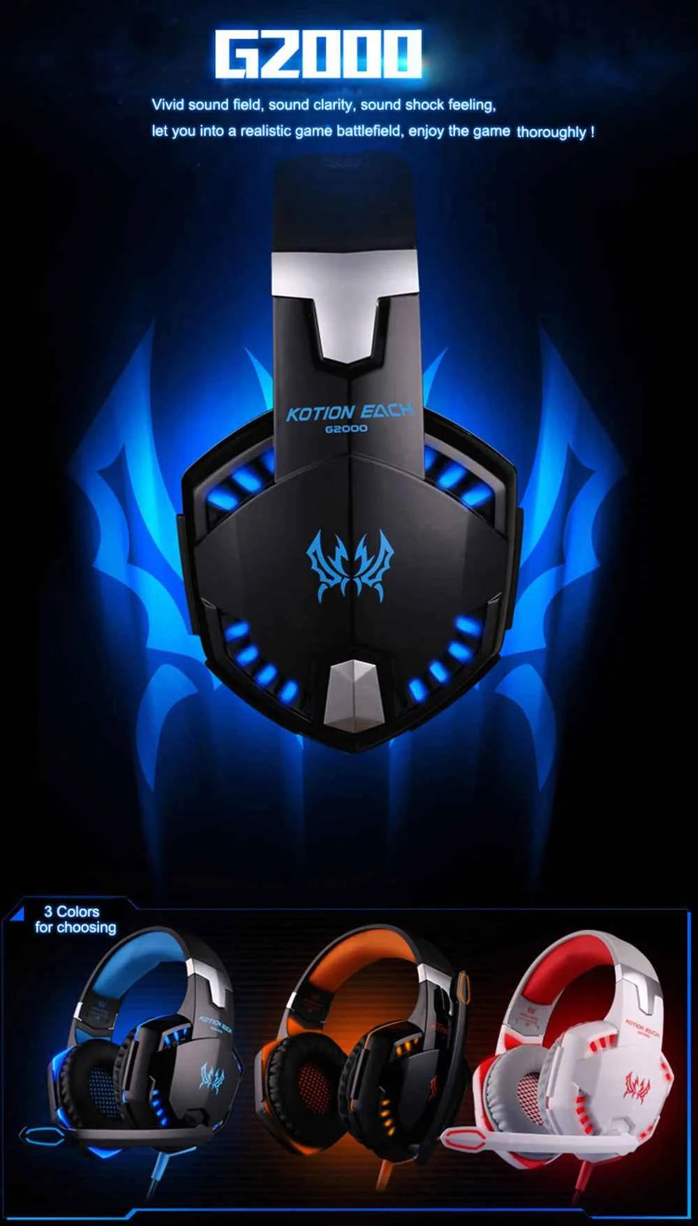 KOTION EACH Gaming Headset Casque Deep Bass Stereo Game Headphone with Microphone LED Light for PS4 Phone Laptop PC Gamer