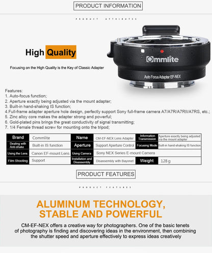 Commlite CM-EF-NEX Auto-Focus Lens Mount Adapter for Canon EF Lens to use for Sony NEX Mount Cameras - AMULET RING STORE