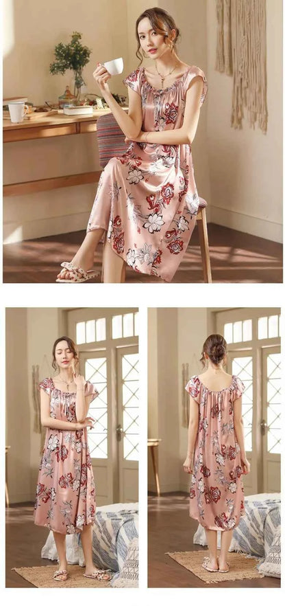 Large Size Lady Sexy Silk Nightgowns Women Casual Chemise Nightie Nightwear Lingerie Nightdress Sleepwear Dress Summer Clothes