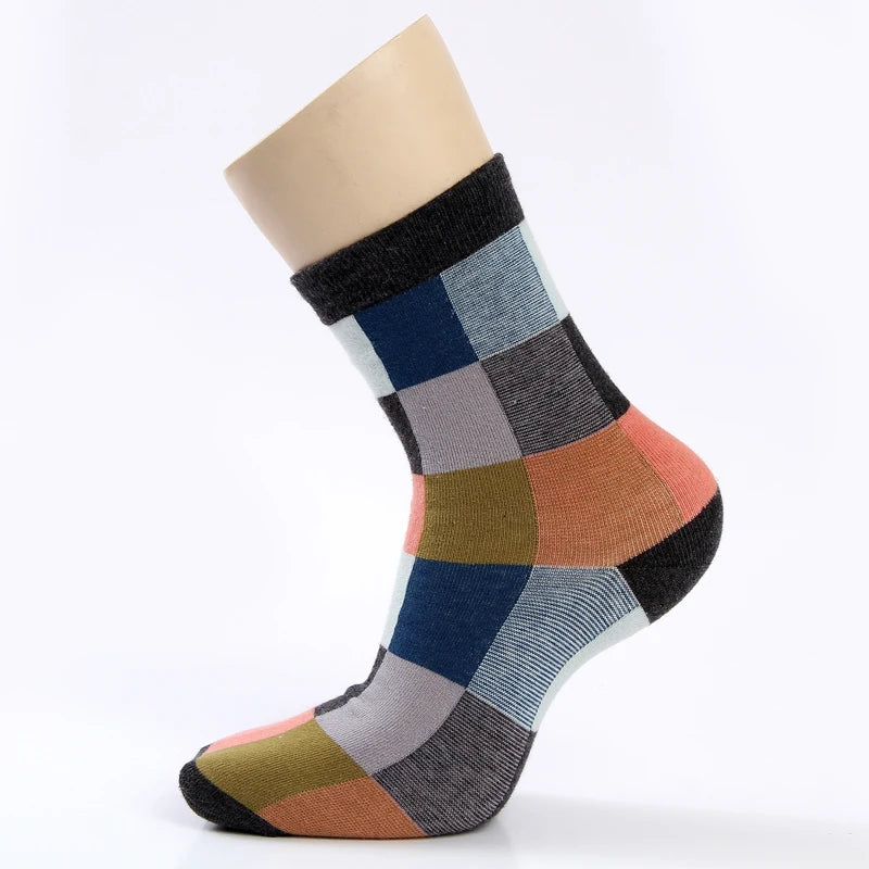 5 Pairs Combed Cotton Men's Socks Compression Socks Fashion Colorful Square Stripe Happy Dress Socks Men Size 39-45 - AMULET RING STORE