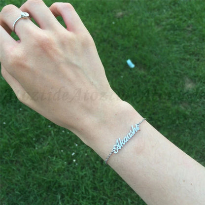 Atoztide Personalized Custom Name Bracelet For Women Stainless Steel Charms Handmade Engraved Handwriting Love Bangle Gift
