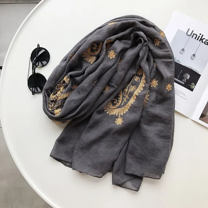 Autumn Winter Fashion Embroidered Cashew Floral Viscose Shawl Scarf From Indian Women Warm Pashmina Hijab and Wraps Muslim Sjaal - AMULET RING STORE