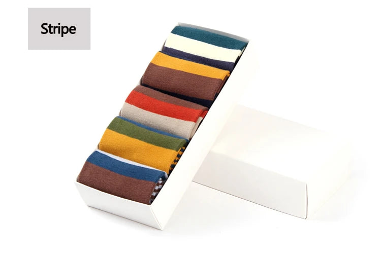 5 Pairs Combed Cotton Men's Socks Compression Socks Fashion Colorful Square Stripe Happy Dress Socks Men Size 39-45 - AMULET RING STORE