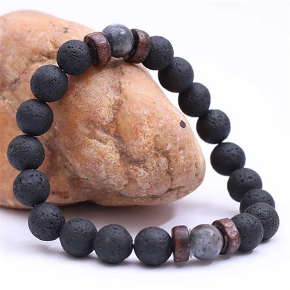 YIZIZAI Natural Lava Rock Stone Beads Strand Bracelet Wooden bead Accessories Black Charm Stone Men Women Jewelry Gift