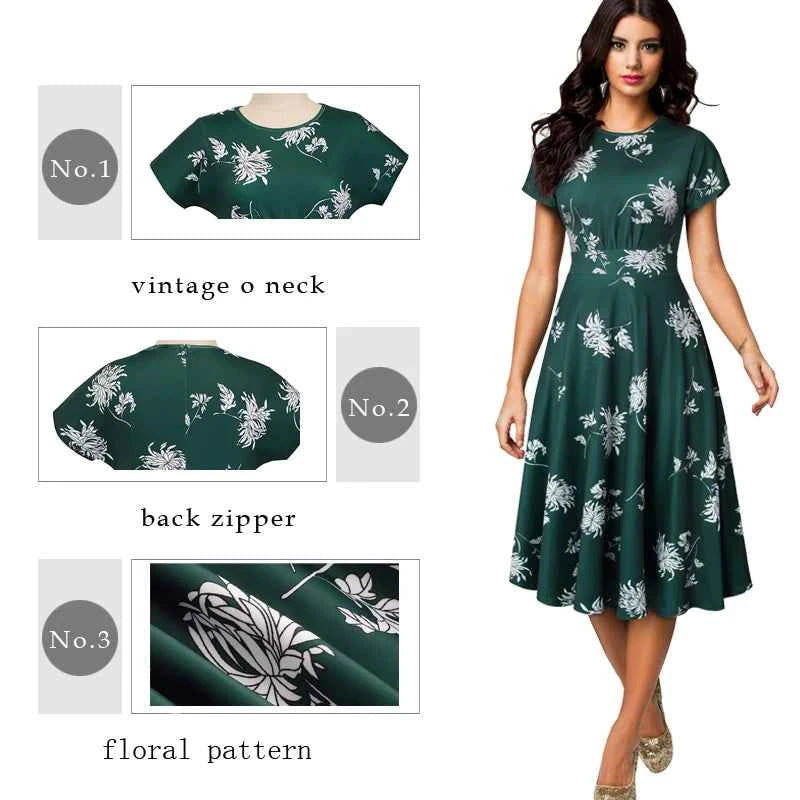 Nice-forever Vintage Elegant Floral Print Pleated Round neck vestidos A-Line Pinup Business Party Women Flare Swing Dress A102