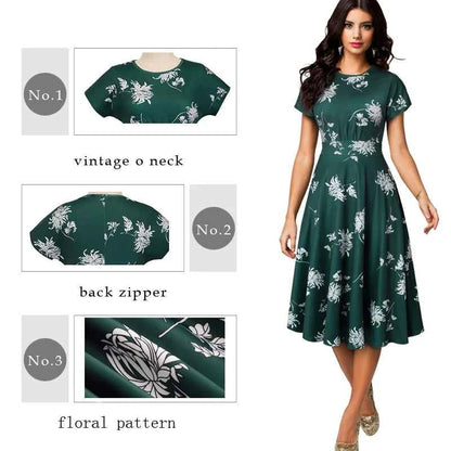 Nice-forever Vintage Elegant Floral Print Pleated Round neck vestidos A-Line Pinup Business Party Women Flare Swing Dress A102