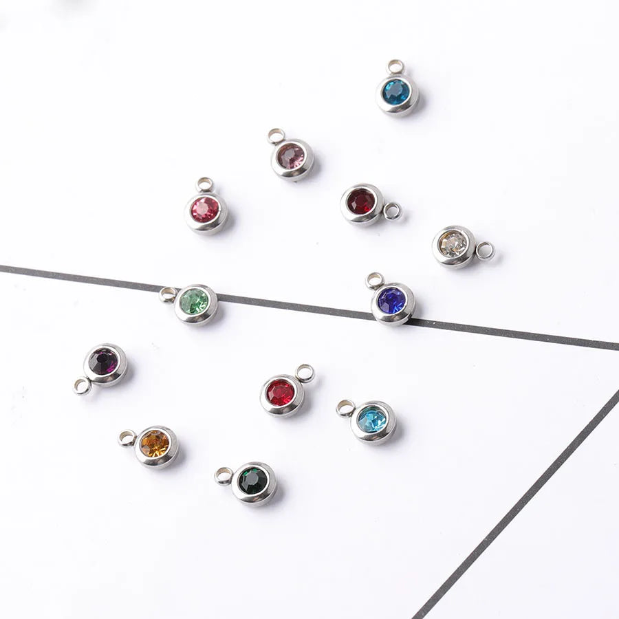 Fnixtar 60Pcs/Lot Stainless Steel Birthstone Charms 6.5mm Rhinestones Month Birthstone Charms For DIY Jewelry Making Necklace