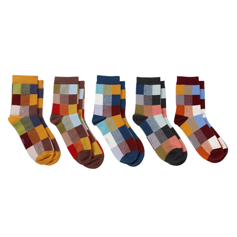 5 Pairs Combed Cotton Men's Socks Compression Socks Fashion Colorful Square Stripe Happy Dress Socks Men Size 39-45 - AMULET RING STORE