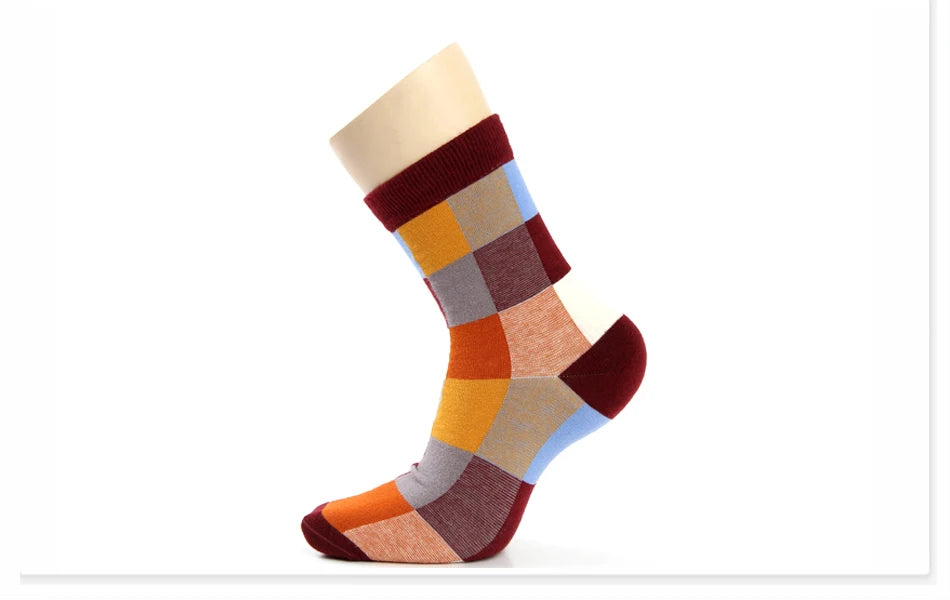 5 Pairs Combed Cotton Men's Socks Compression Socks Fashion Colorful Square Stripe Happy Dress Socks Men Size 39-45 - AMULET RING STORE