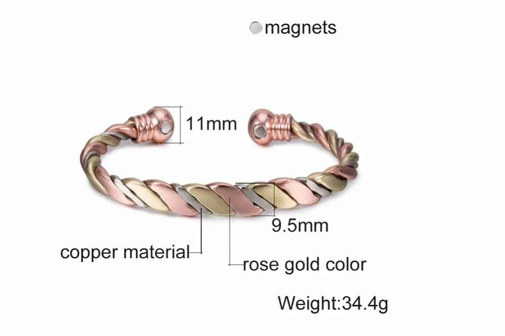 Vinterly Magnetic Bracelet Pure Copper Ball Rose Gold-color Open Cuff Adjustable Bangles for Women Twisted High Magnet Jewelry