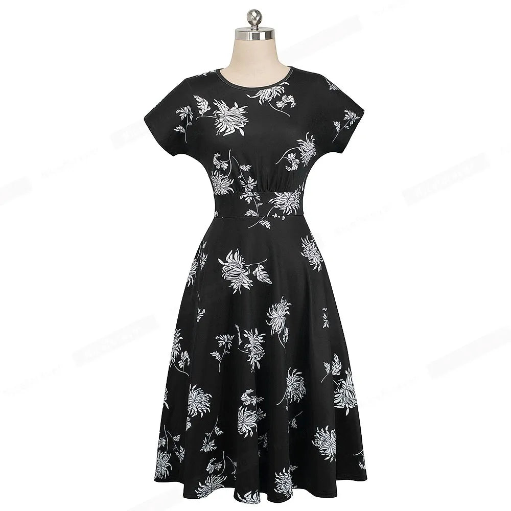 Nice-forever Vintage Elegant Floral Print Pleated Round neck vestidos A-Line Pinup Business Party Women Flare Swing Dress A102