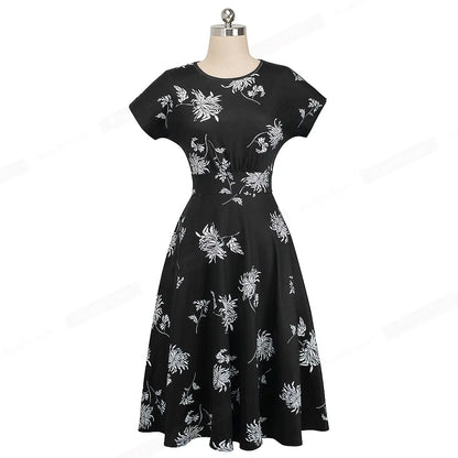 Nice-forever Vintage Elegant Floral Print Pleated Round neck vestidos A-Line Pinup Business Party Women Flare Swing Dress A102