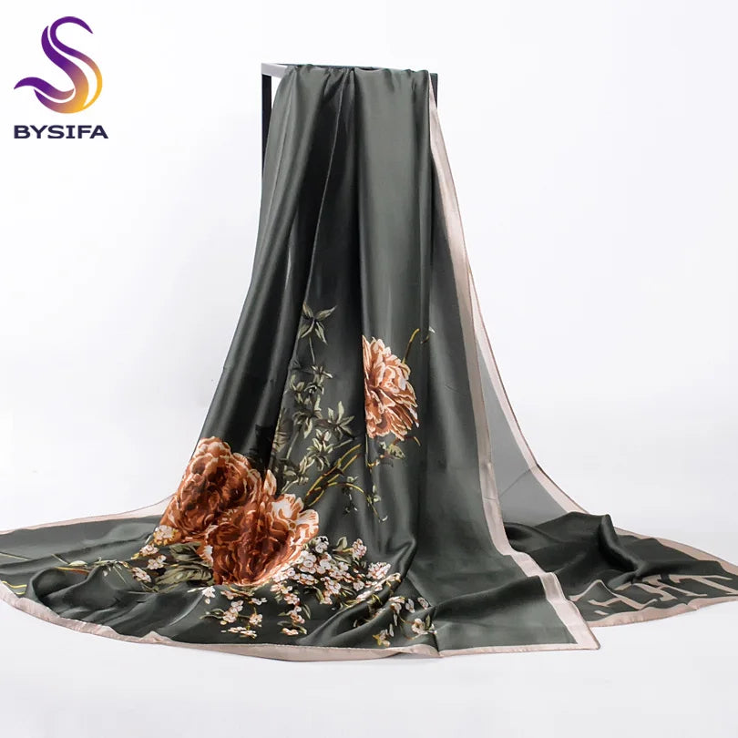 [BYSIFA] Navy Blue Chinese Roses Women Scarves Fall Winter Utrlong Top Grade Brand Trendy Silk Letters Long Scarf Shawl Wrap - AMULET RING STORE