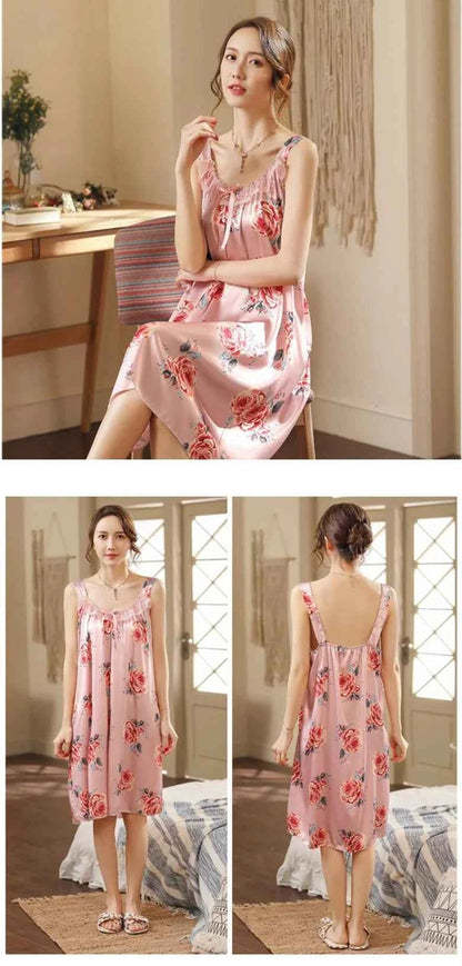 Large Size Lady Sexy Silk Nightgowns Women Casual Chemise Nightie Nightwear Lingerie Nightdress Sleepwear Dress Summer Clothes