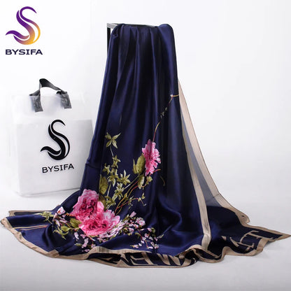 [BYSIFA] Navy Blue Chinese Roses Women Scarves Fall Winter Utrlong Top Grade Brand Trendy Silk Letters Long Scarf Shawl Wrap - AMULET RING STORE