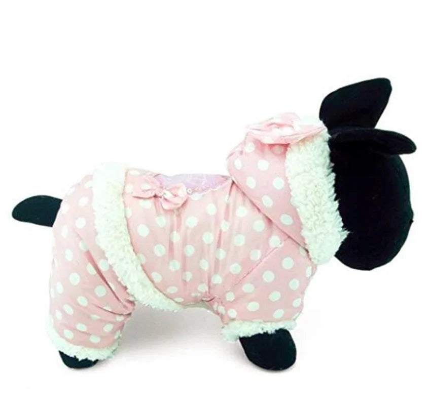 Small Dog Snowsuit Polka Dot Pattern Fleece Winter Coat For Girls Dogs Jumpsuit Hooded Waterproof Outdoor Cotton Padded Dog Coat - AMULET RING STORE