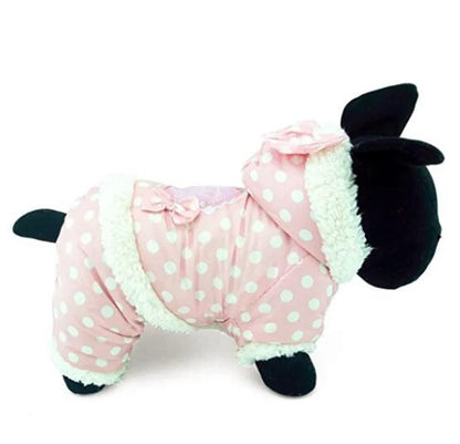 Small Dog Snowsuit Polka Dot Pattern Fleece Winter Coat For Girls Dogs Jumpsuit Hooded Waterproof Outdoor Cotton Padded Dog Coat - AMULET RING STORE