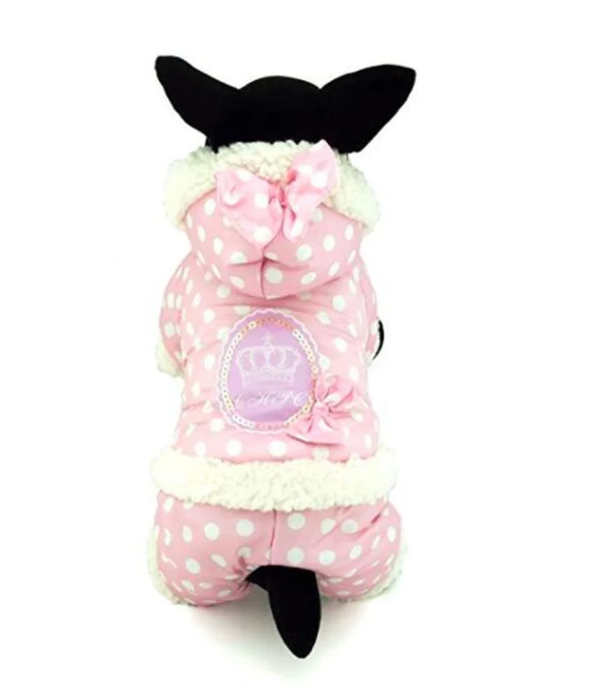 Small Dog Snowsuit Polka Dot Pattern Fleece Winter Coat For Girls Dogs Jumpsuit Hooded Waterproof Outdoor Cotton Padded Dog Coat - AMULET RING STORE