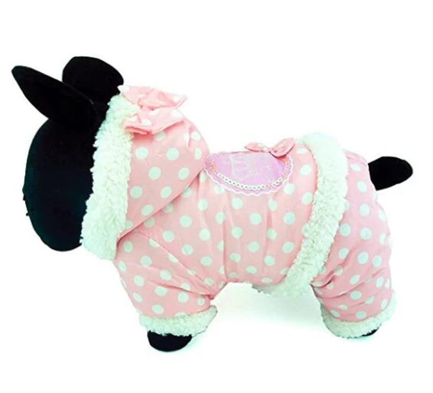 Small Dog Snowsuit Polka Dot Pattern Fleece Winter Coat For Girls Dogs Jumpsuit Hooded Waterproof Outdoor Cotton Padded Dog Coat - AMULET RING STORE