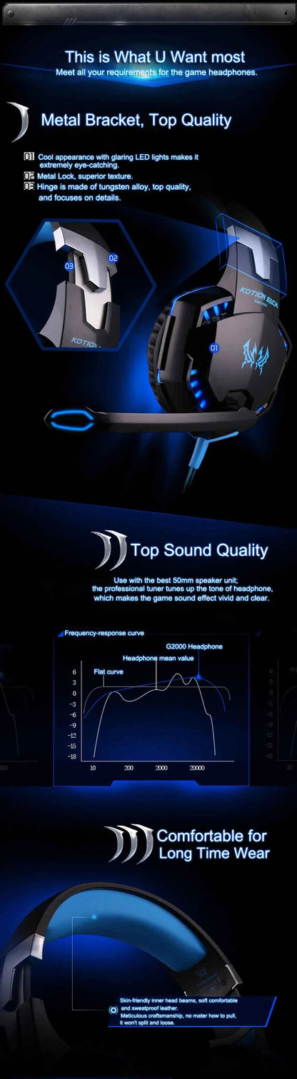 KOTION EACH Gaming Headset Casque Deep Bass Stereo Game Headphone with Microphone LED Light for PS4 Phone Laptop PC Gamer