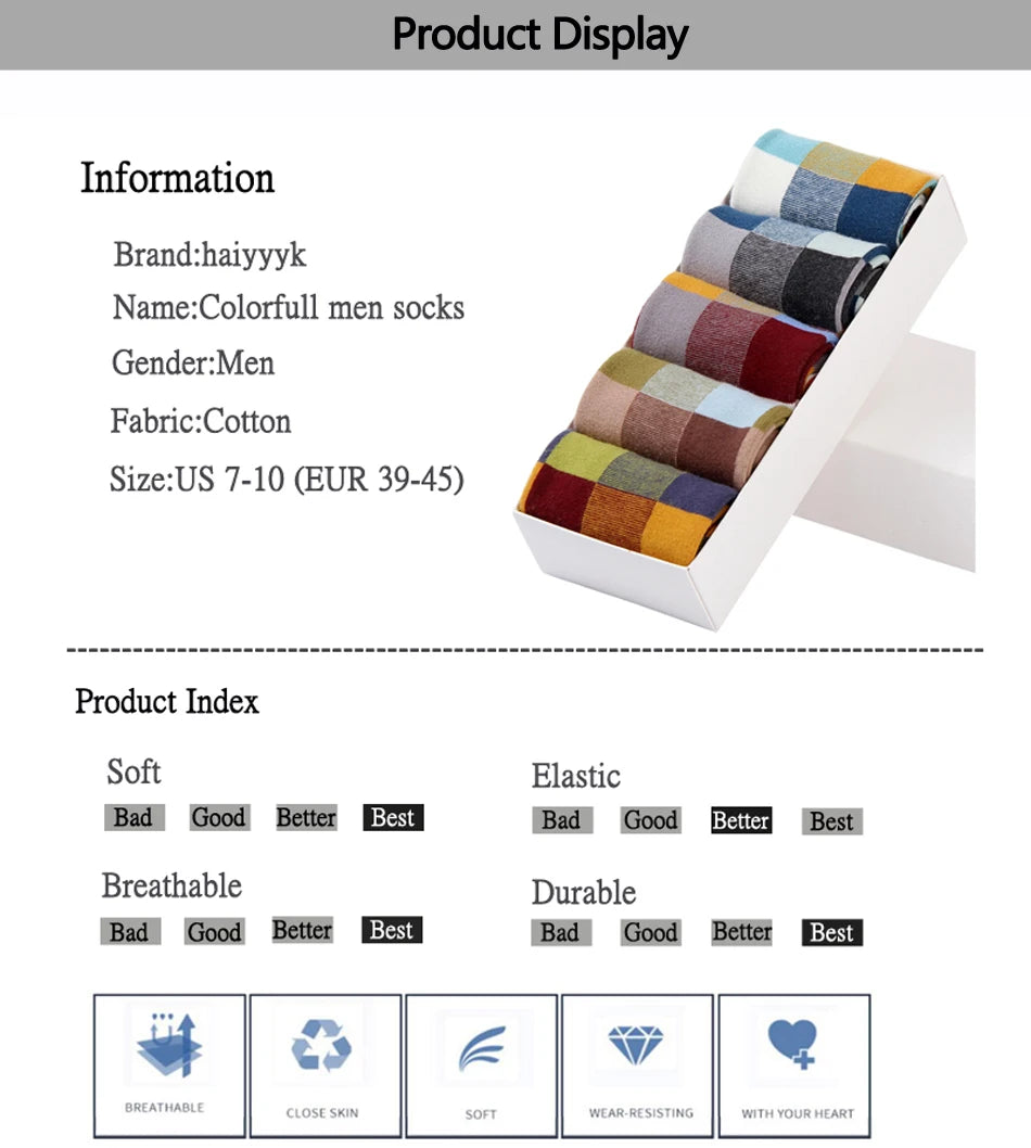 5 Pairs Combed Cotton Men's Socks Compression Socks Fashion Colorful Square Stripe Happy Dress Socks Men Size 39-45 - AMULET RING STORE