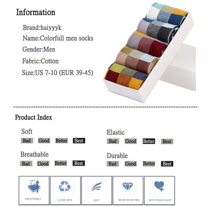 5 Pairs Combed Cotton Men's Socks Compression Socks Fashion Colorful Square Stripe Happy Dress Socks Men Size 39-45 - AMULET RING STORE