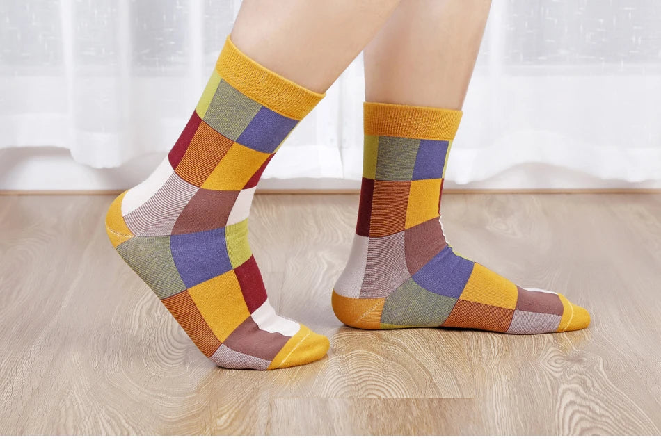 5 Pairs Combed Cotton Men's Socks Compression Socks Fashion Colorful Square Stripe Happy Dress Socks Men Size 39-45 - AMULET RING STORE