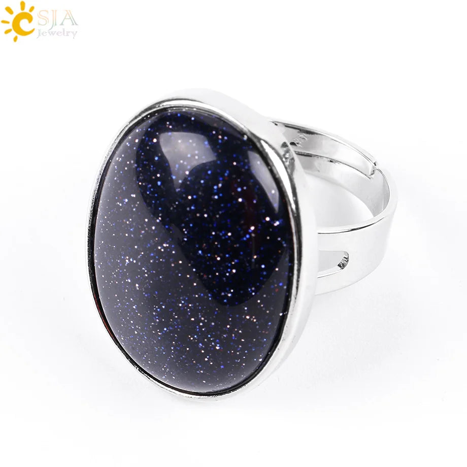 CSJA Reiki Natural Gem Stone Finger Ring for Men Women Pink Quartz Tiger Eye Lapis Lazuli Black Obsidian Party Ring Jewelry E832