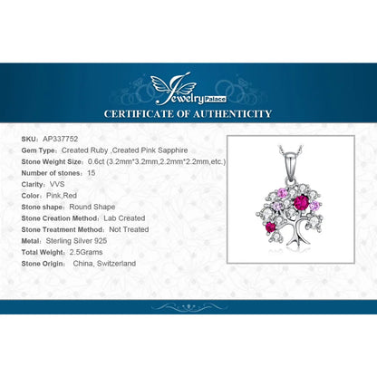 JewelryPalace Life Tree Created Ruby 925 Sterling Silver Pendant Necklace for Women Statement Gemstone Jewelry Choker No Chain