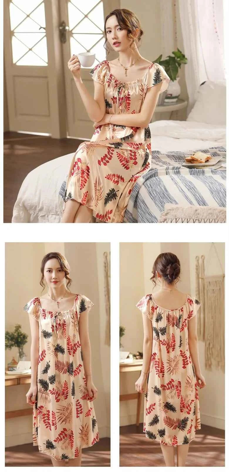 Large Size Lady Sexy Silk Nightgowns Women Casual Chemise Nightie Nightwear Lingerie Nightdress Sleepwear Dress Summer Clothes