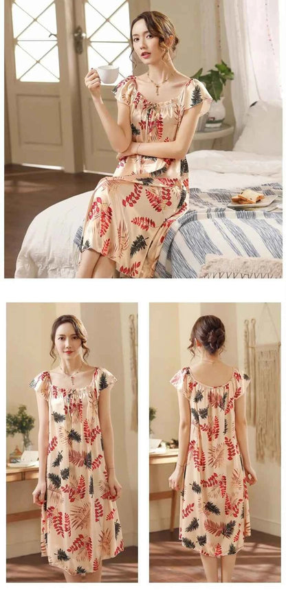 Large Size Lady Sexy Silk Nightgowns Women Casual Chemise Nightie Nightwear Lingerie Nightdress Sleepwear Dress Summer Clothes