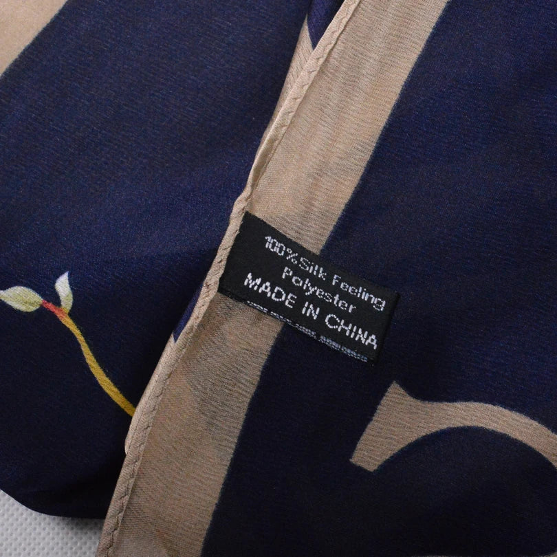 [BYSIFA] Navy Blue Chinese Roses Women Scarves Fall Winter Utrlong Top Grade Brand Trendy Silk Letters Long Scarf Shawl Wrap - AMULET RING STORE