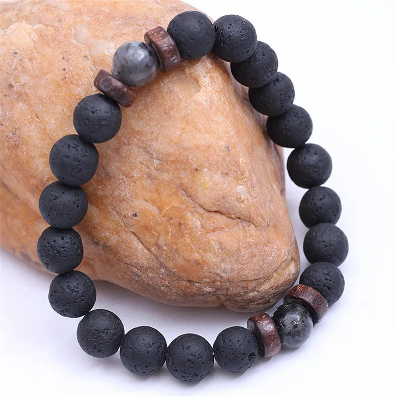 YIZIZAI Natural Lava Rock Stone Beads Strand Bracelet Wooden bead Accessories Black Charm Stone Men Women Jewelry Gift