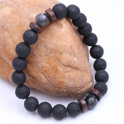 YIZIZAI Natural Lava Rock Stone Beads Strand Bracelet Wooden bead Accessories Black Charm Stone Men Women Jewelry Gift