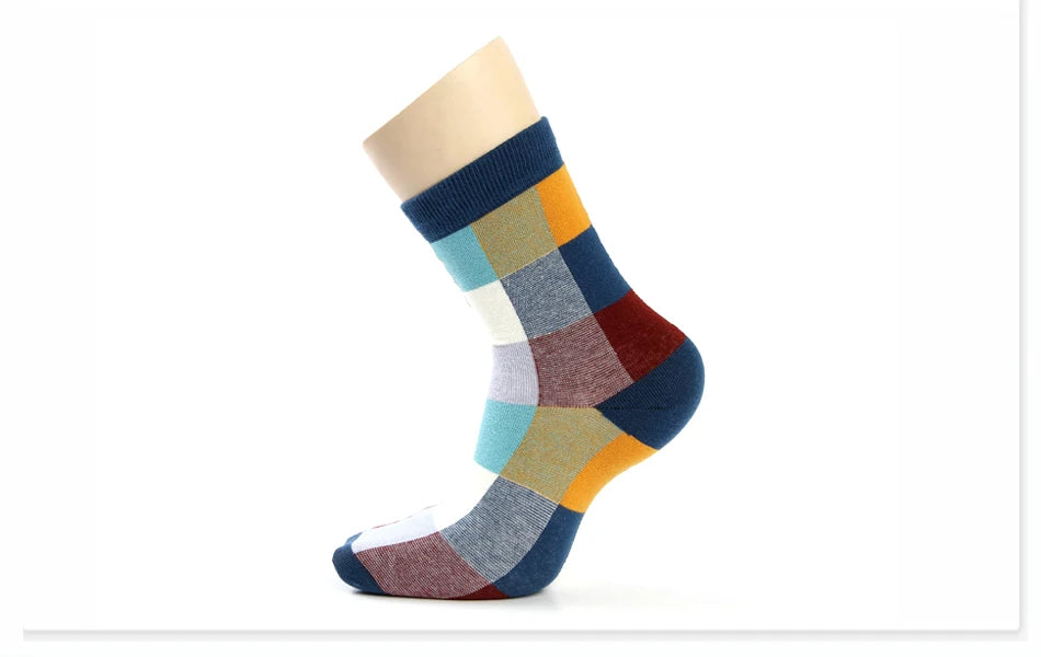 5 Pairs Combed Cotton Men's Socks Compression Socks Fashion Colorful Square Stripe Happy Dress Socks Men Size 39-45 - AMULET RING STORE