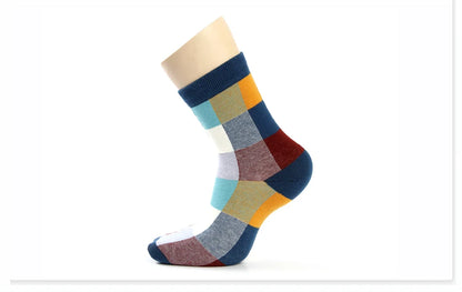5 Pairs Combed Cotton Men's Socks Compression Socks Fashion Colorful Square Stripe Happy Dress Socks Men Size 39-45 - AMULET RING STORE