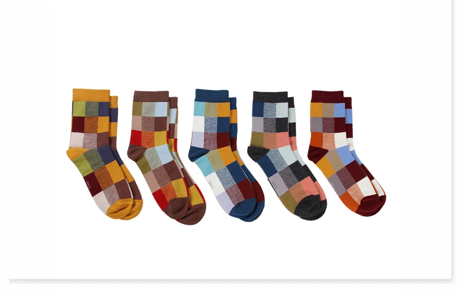 5 Pairs Combed Cotton Men's Socks Compression Socks Fashion Colorful Square Stripe Happy Dress Socks Men Size 39-45 - AMULET RING STORE