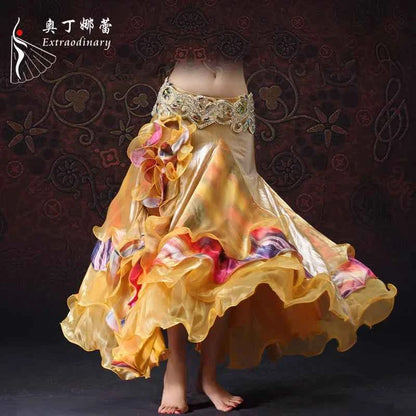2018 New Arrival Belly Dancing Clothing Long Full Circle Skirts Golden Color Yarn Belly Dance Skirt For Women Without Belt