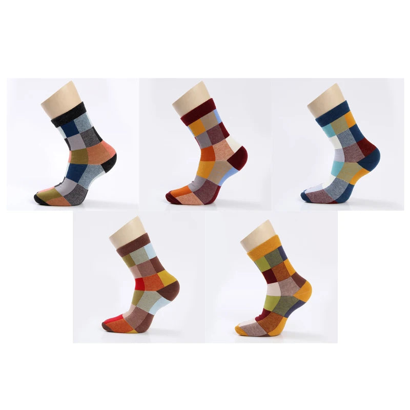 5 Pairs Combed Cotton Men's Socks Compression Socks Fashion Colorful Square Stripe Happy Dress Socks Men Size 39-45 - AMULET RING STORE