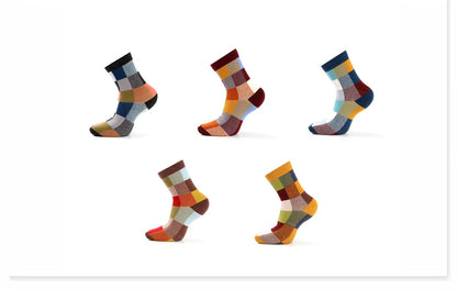 5 Pairs Combed Cotton Men's Socks Compression Socks Fashion Colorful Square Stripe Happy Dress Socks Men Size 39-45 - AMULET RING STORE