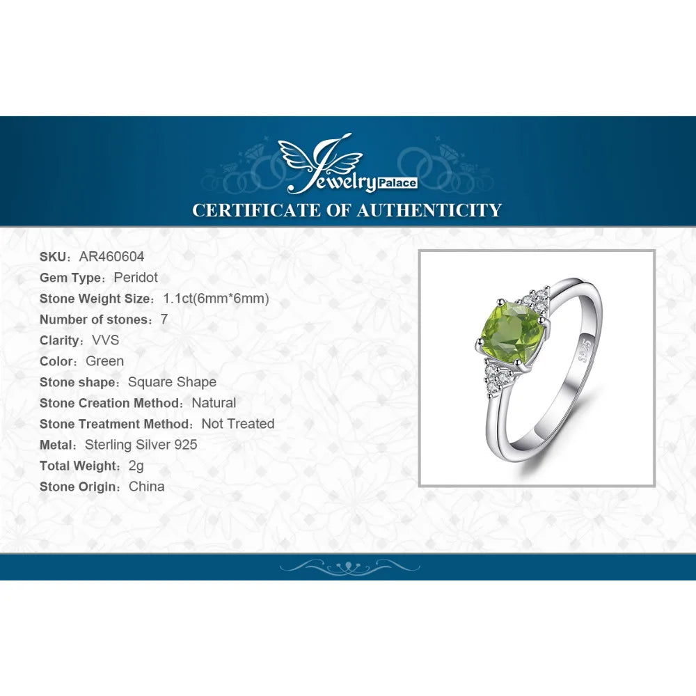 JewelryPalace 1.1ct Genuine Natural Peridot 925 Sterling Silver Solitaire Ring for Woman Fashion Gemstone Jewelry Wedding Gift