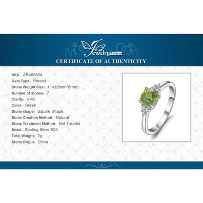 JewelryPalace 1.1ct Genuine Natural Peridot 925 Sterling Silver Solitaire Ring for Woman Fashion Gemstone Jewelry Wedding Gift