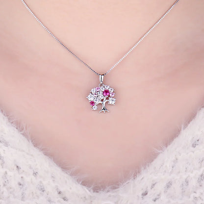 JewelryPalace Life Tree Created Ruby 925 Sterling Silver Pendant Necklace for Women Statement Gemstone Jewelry Choker No Chain