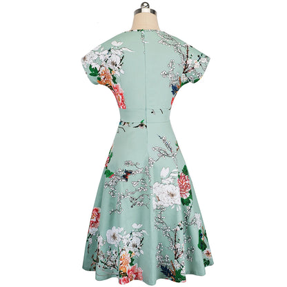 Nice-forever Vintage Elegant Floral Print Pleated Round neck vestidos A-Line Pinup Business Party Women Flare Swing Dress A102