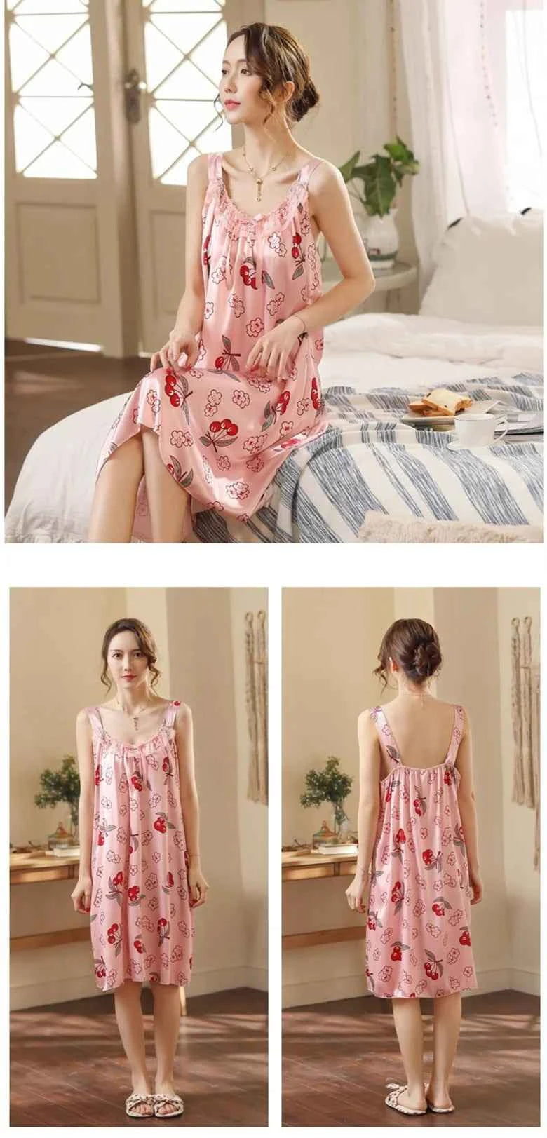 Large Size Lady Sexy Silk Nightgowns Women Casual Chemise Nightie Nightwear Lingerie Nightdress Sleepwear Dress Summer Clothes